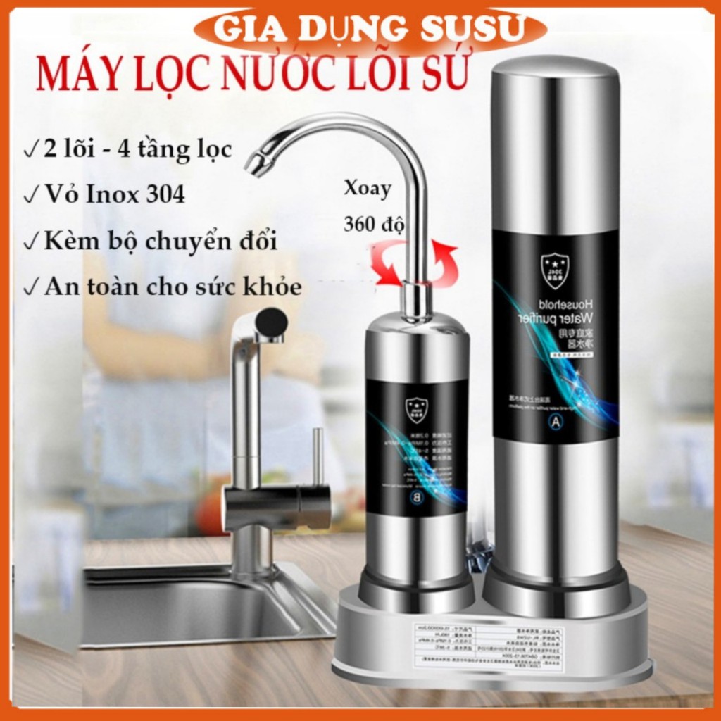 Máy Lọc Nước Mini Water Purifier Dạng Đứng  Không Dùng Điện Tại Vòi Phục Hồi Nguồn Nước Sinh Hoạt,2 Lõi Sứ Than Hoạt Tín