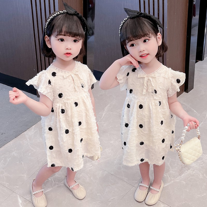 2021 Bé gái Mùa hè Hàn Quốc Tay ngắn áo Jacquard 1--6 Tuổi Trẻ em mỏng Polka Dot Princess Skirt