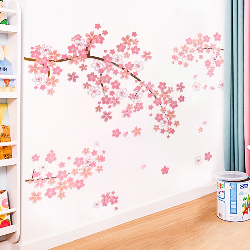 Set 2 Miếng Dán Tường Trang Trí Hình Hoa Mận Màu Hồng Xinh Xắn DIY