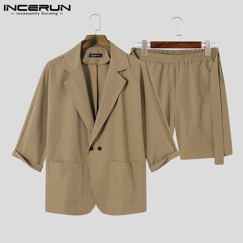 Bộ quần áo INCERUN gồm blazer tay 3/4 + quần short co giãn thời trang Hàn Quốc cho nam