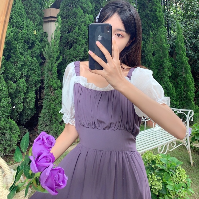 Đầm Perty midi dáng ôm màu tím thời trang mùa hè phong cách Hàn Quốc thanh lịch