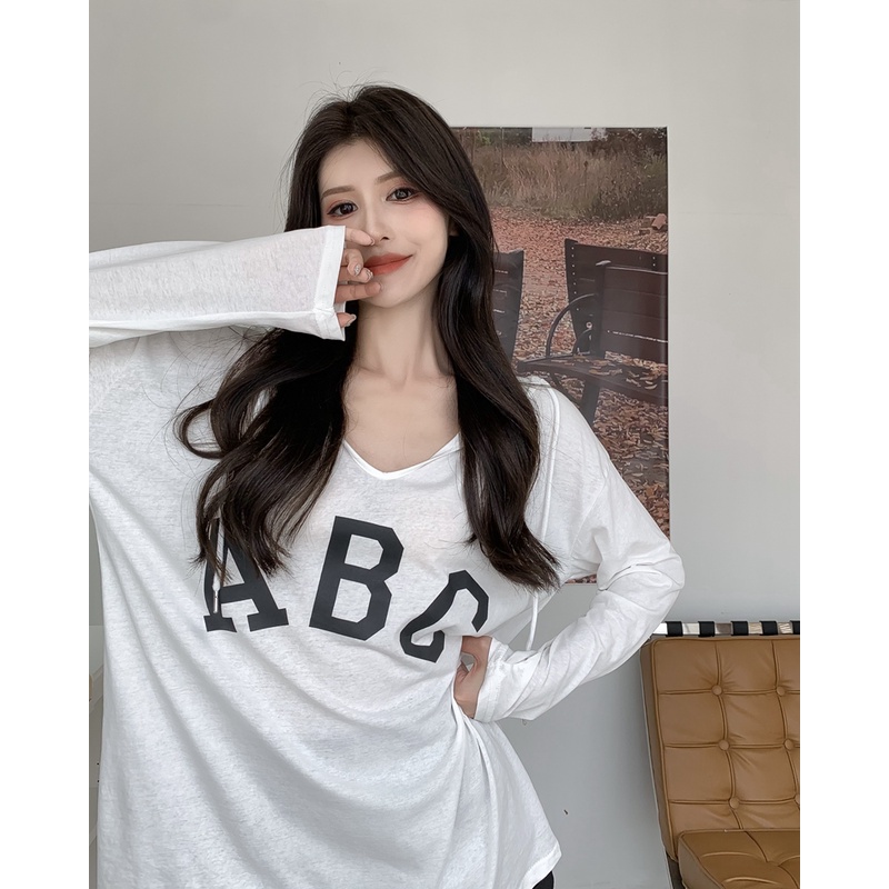 Áo Thun Nữ Tay Dài Có Nón In Chữ Thời Trang