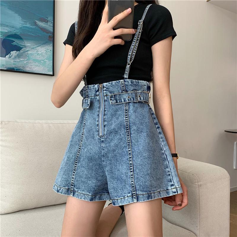 Quần yếm denim ngắn lưng cao phối khóa kéo thời trang