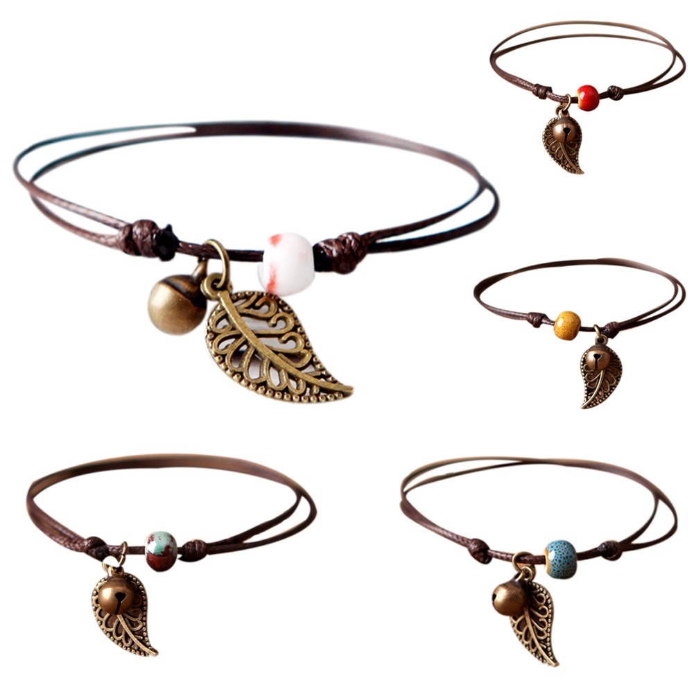 Vòng tay dây đan họa tiết chiếc lá có đính chuông nhỏ cá tính