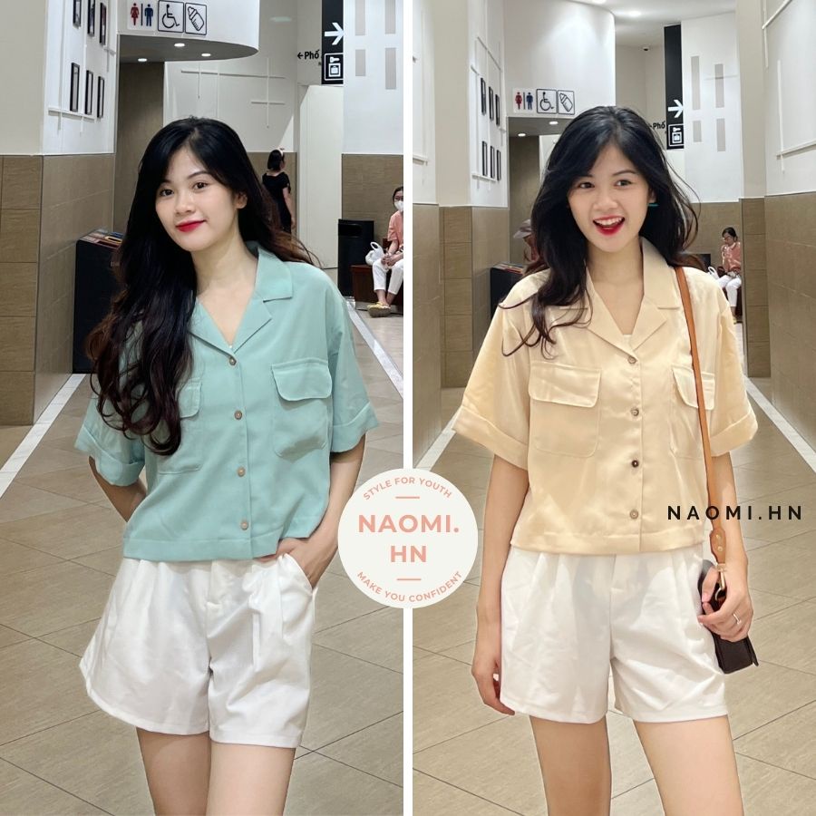 Áo sơ mi nữ cổ vest dáng ngắn croptop khoẻ khoắn trẻ trung chất đũi mát. Sơ  mi cổ V nhiều màu túi ngực dáng croptop.