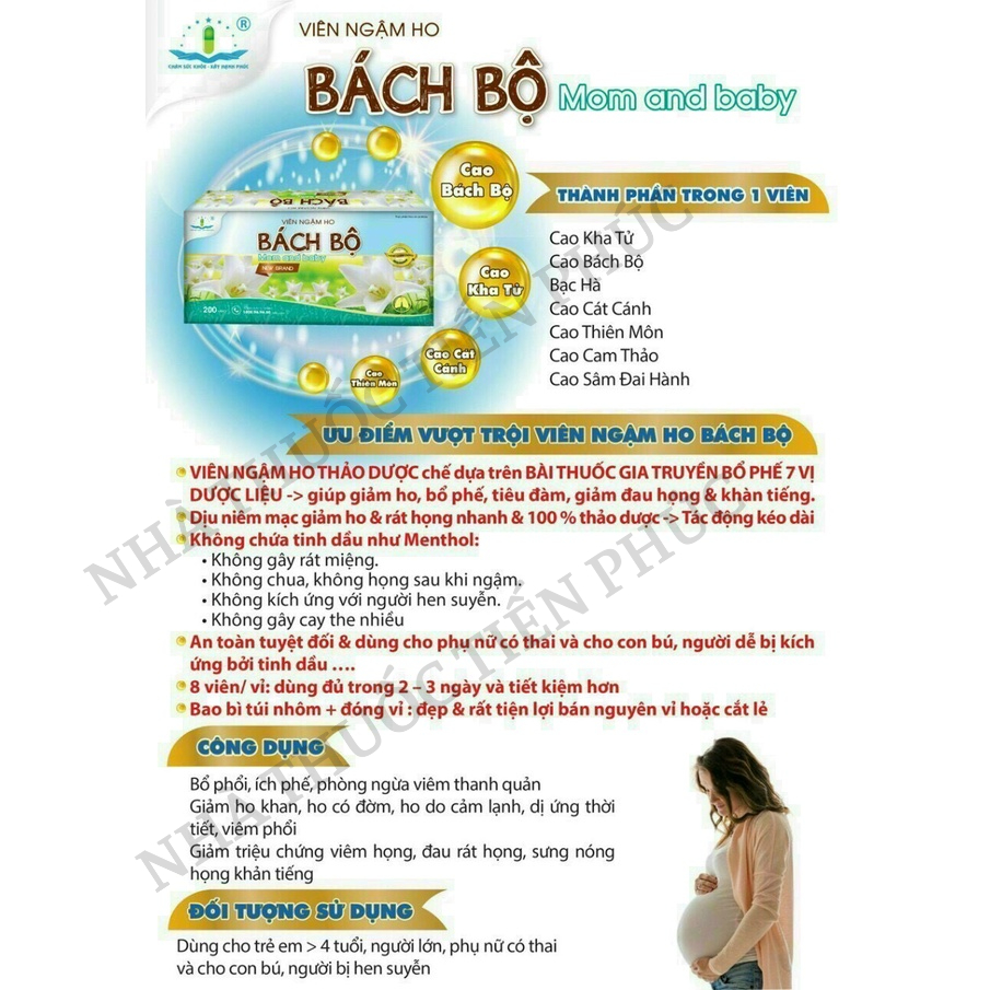 Viên ngậm ho BÁCH BỘ mom and baby giúp bổ phế, tiêu đờm, giảm ho, giảm đau họng, rát họng, ho khan