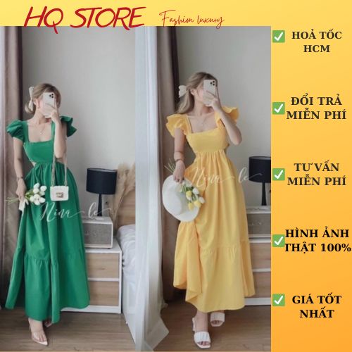 Đầm maxi đi biển khoét eo, váy cổ vuông cánh tiên dây cột nơ hở lưng - Maxi HQ store