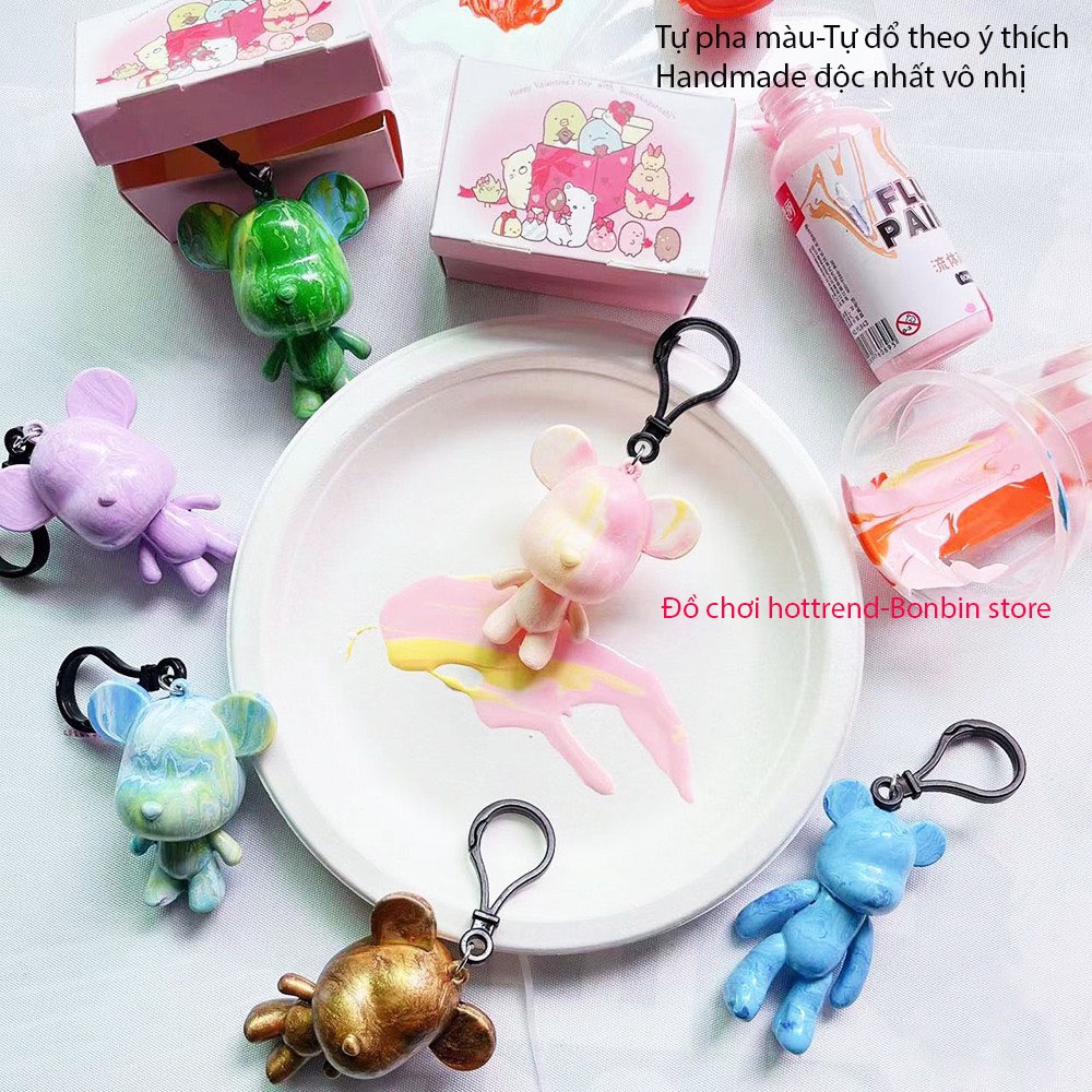 Set Gấu móc khóa mini Bearbrick handmade màu loang tự đổ sơn hàng decor hottrend 2022