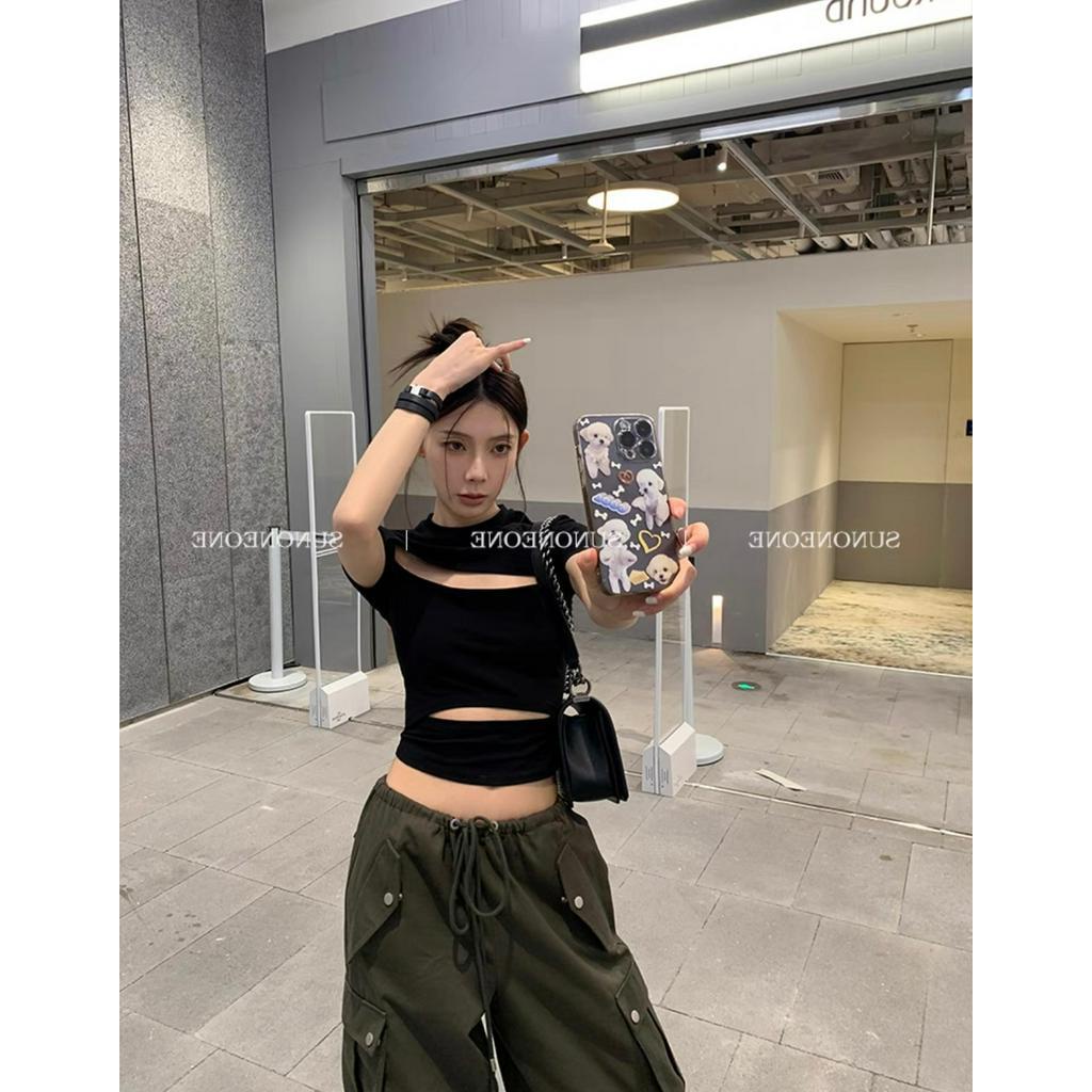 Cocory vn Áo Thun Tay Ngắn Thiết Kế Khoét Lỗ Thời Trang Mùa Hè Quyến Rũ Cho Nữ