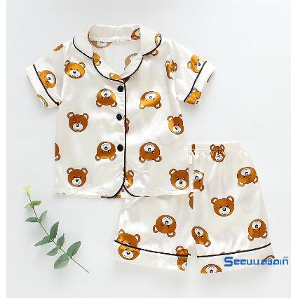 ❥☀✿SEEChildren Cartoon Bear Two-piece Pajamas Girls Short Sleeve Lapel Top with Button Elastic Waistband Shorts Set