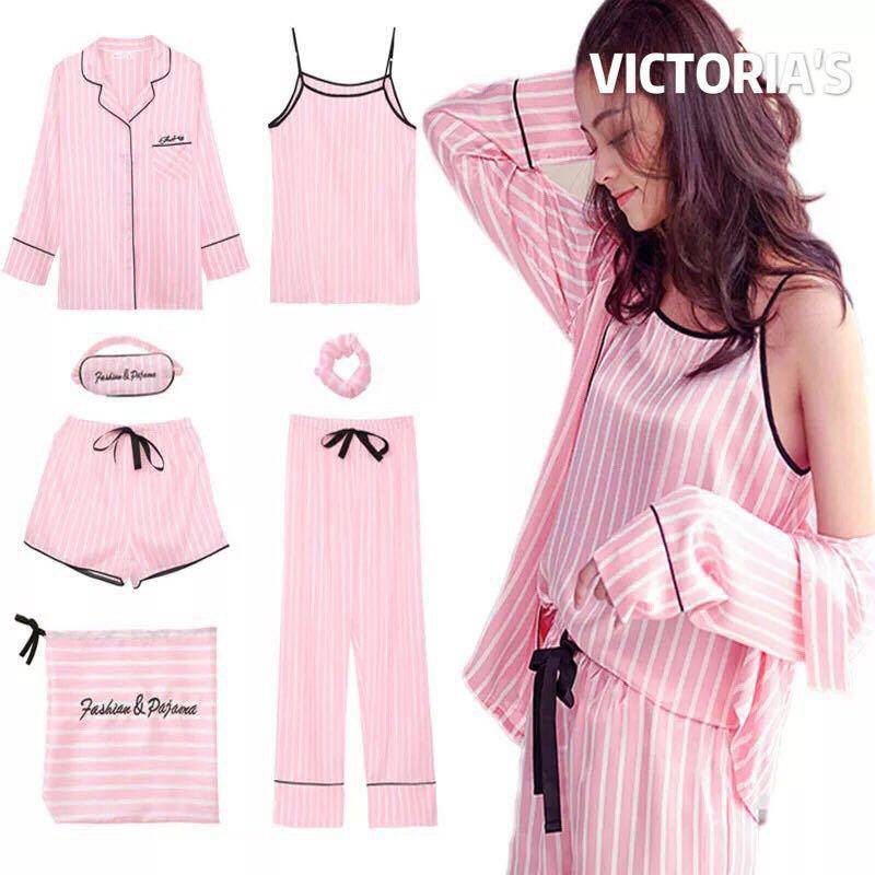 BỘ ĐỒ PIJAMA SILK SỌC HỒNG 7 CHI TIẾT MT02