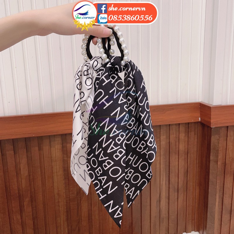 Buộc tóc ngọc trai nhân tạo B241 vải ruy băng dài hai màu đen trắng