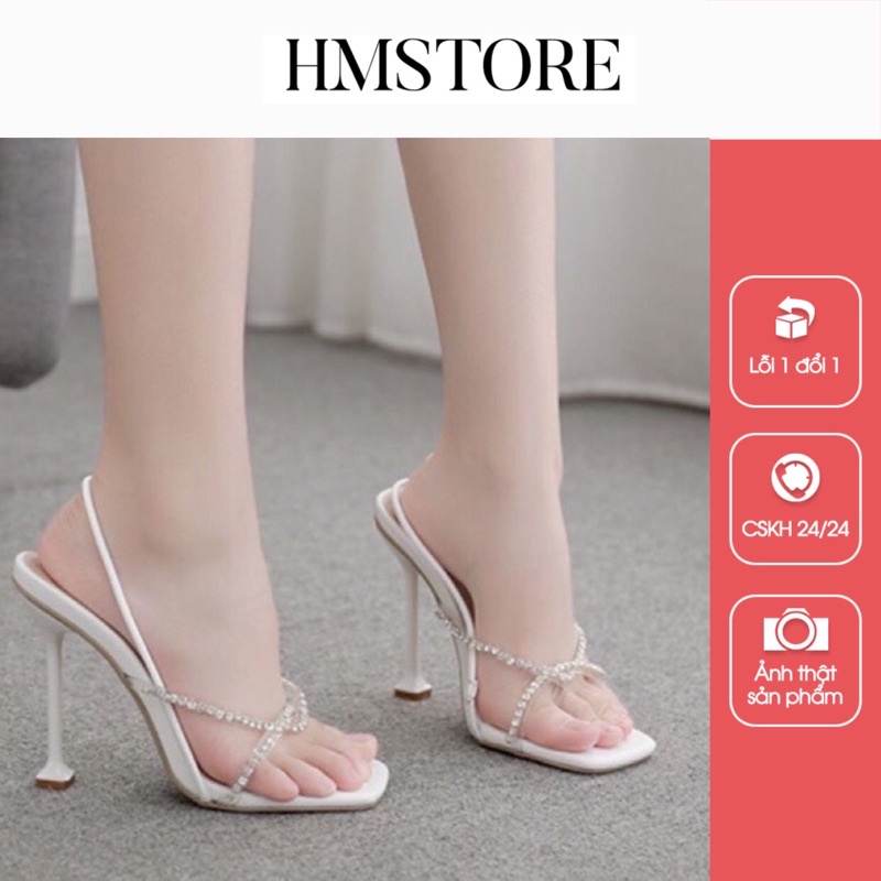Giày sandal cao gót nữ quai chéo đính đá phối quai kẹp trong suốt 7 phân