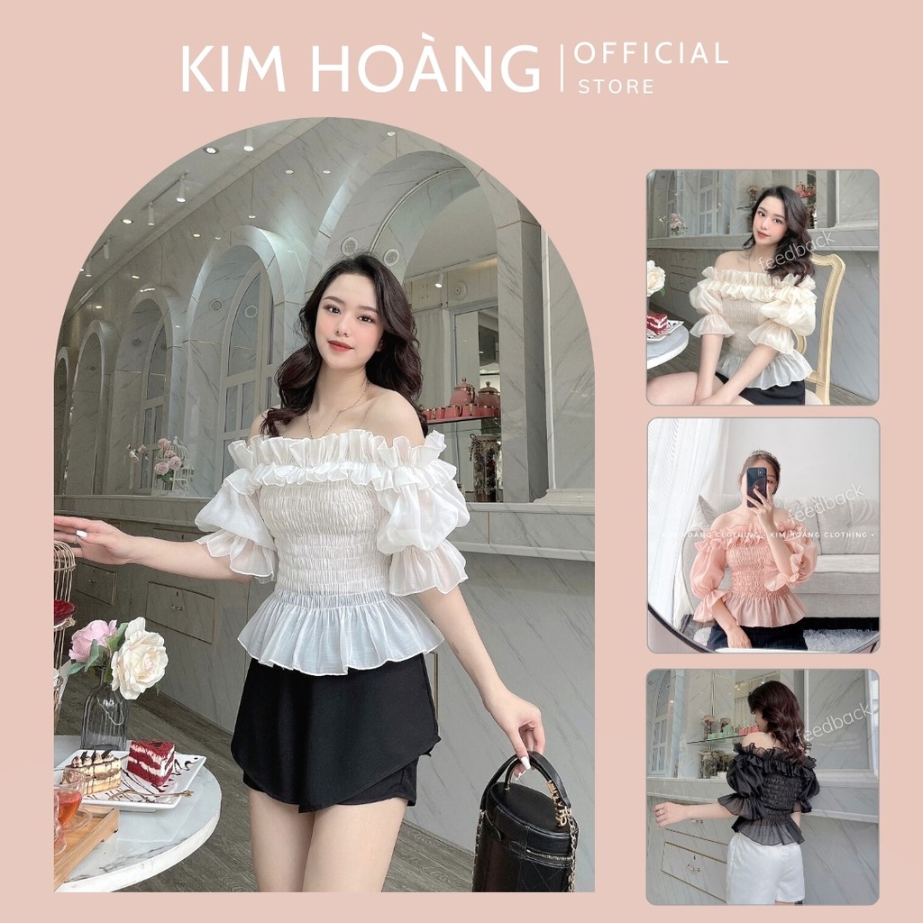 Áo trễ vai croptop bánh bèo sexy kiểu tay bồng bèo nhún (Tơ 4 màu)