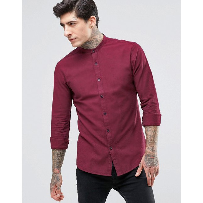 tay áo nam Áo sơ mi nam cổ trụ màu đỏ đô(đủ size )