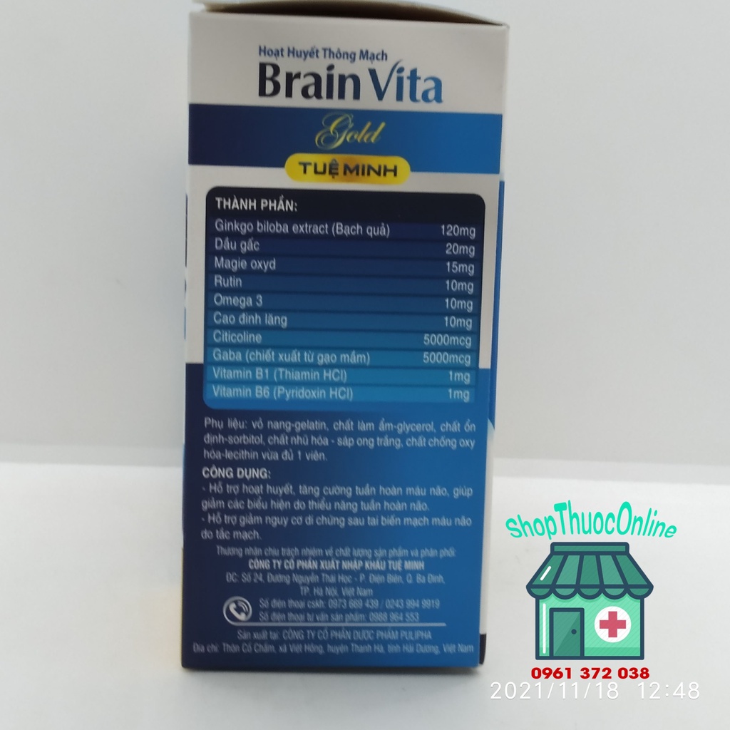 Hoạt huyết thông mạch Brain Vita Gold Tuệ Minh hộp 100 viên