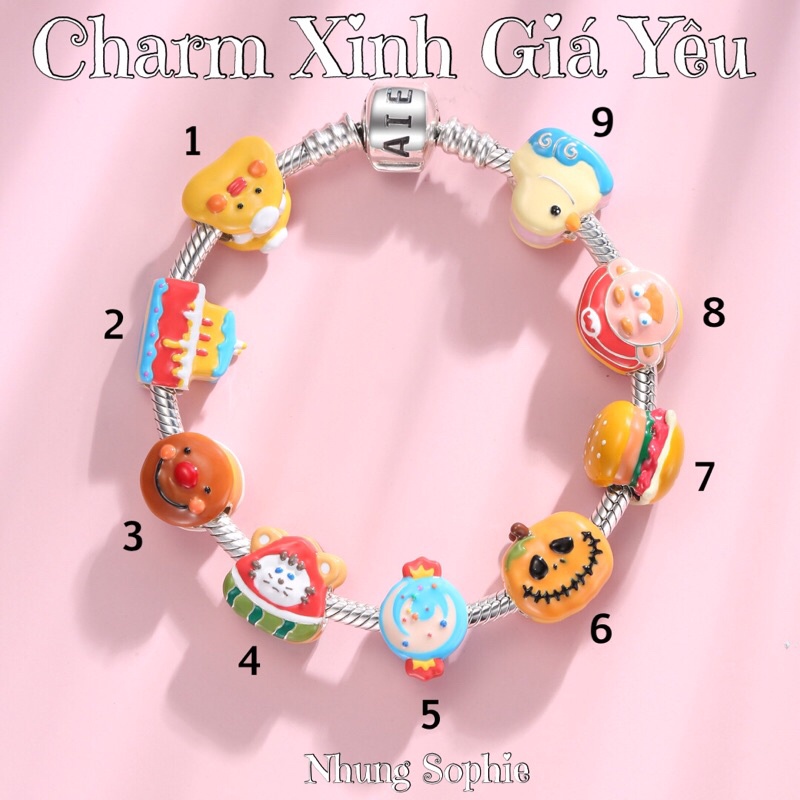 Bộ sưu tập 9 charm thức ăn nhanh fast food bạc 925 tráng men sứ nhungsophie