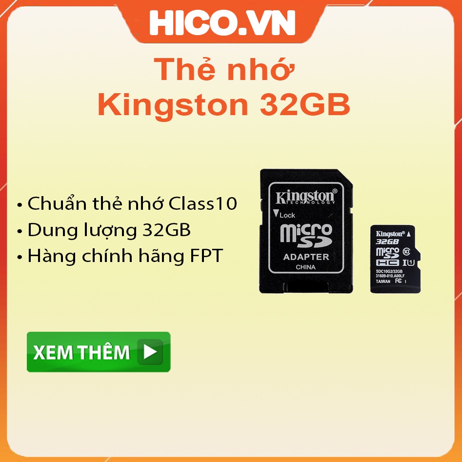 Thẻ Nhớ Micro SDHC Kingston 32GB Class 10 (Có Adapter) - Hàng Chính Hãng FPT
