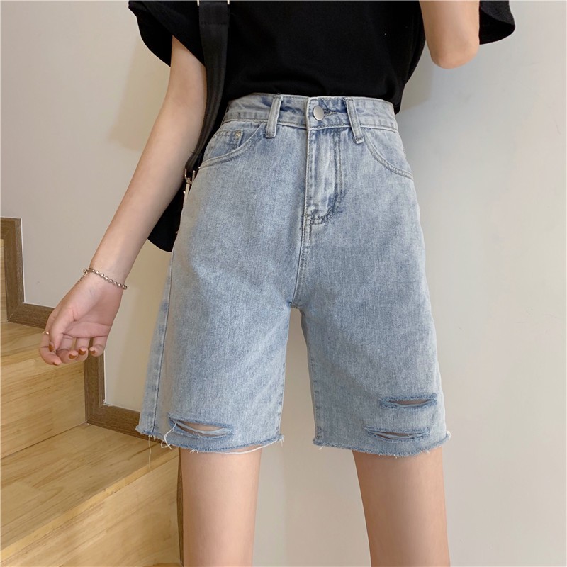Xiaozhainv Quần Đùi Denim Ống Rộng Rách Tua Rua Cá Tính | BigBuy360 - bigbuy360.vn