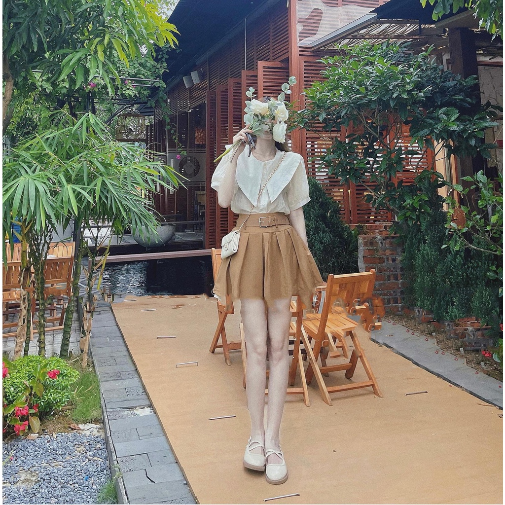 Set áo sơ mi cổ thuyền mix chân váy xếp li nâu tây kèm thắt lưng MIVOSA SV147