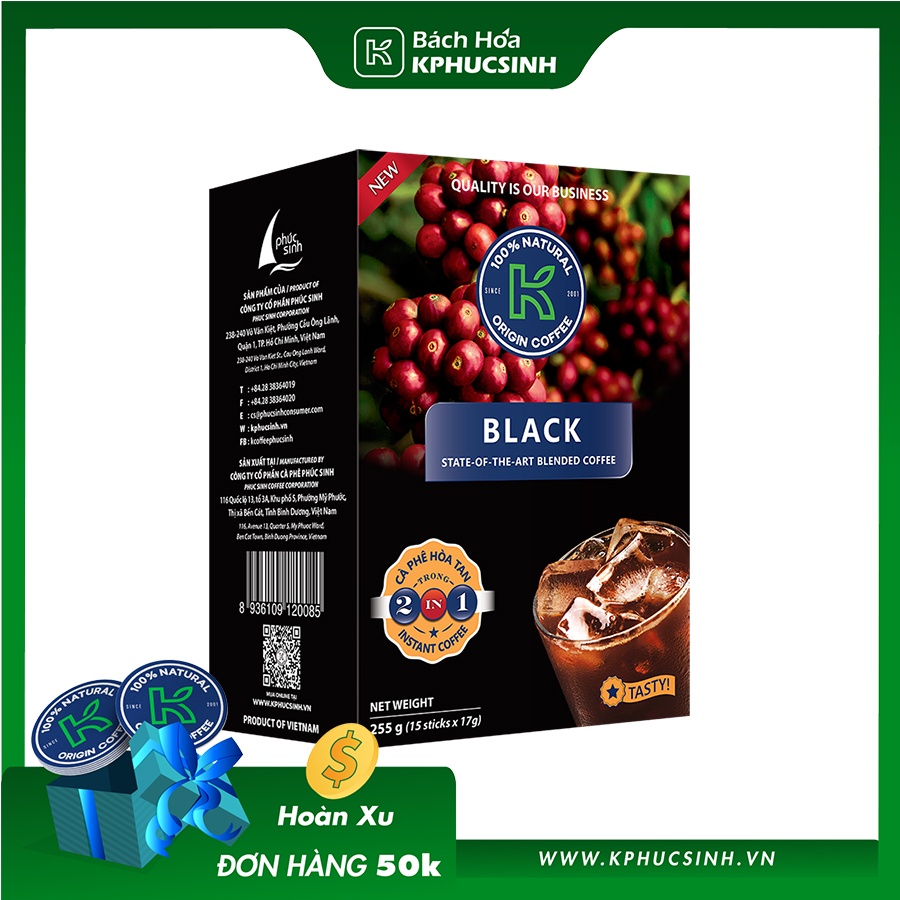Cà Phê Đen Hòa Tan Thơm Ngon Số 1 Việt Nam K Black 2In1 Thương Hiệu K Coffee 255G