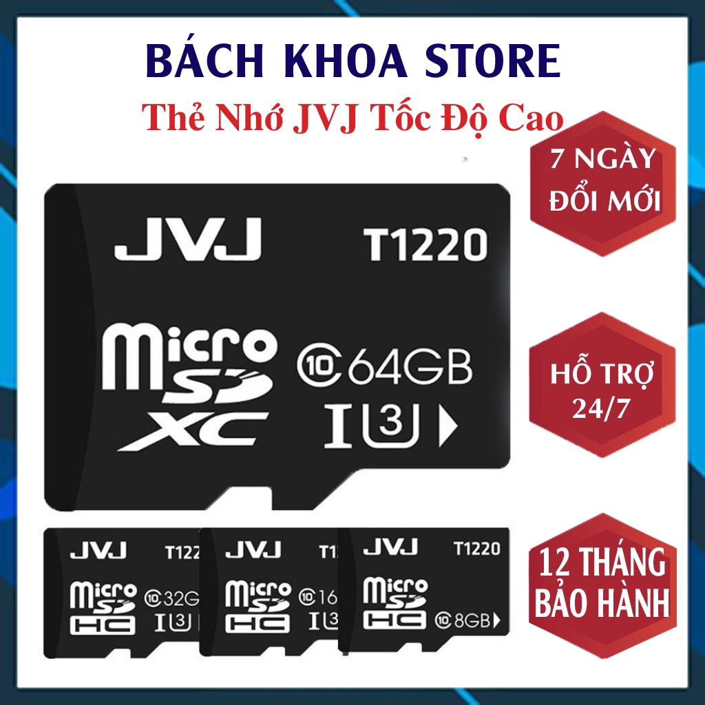 Thẻ Nhớ Micro SD 64GB/ 32GB/16GB/8GB/4GB/2GB JVJ Tốc Độ Class 10 U3 Dùng Cho Điện Thoại, Camera, Loa Đài - BH 2 Năm