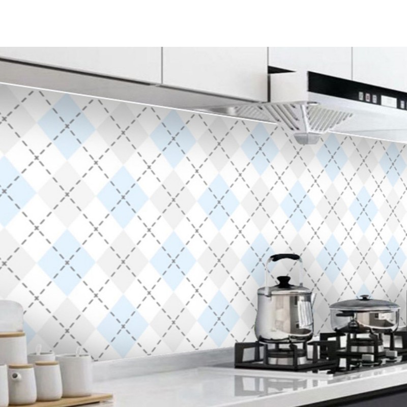 Decal giấy dán bếp tráng nhôm cách nhiệt khổ 60cm mẫu ô vuông chéo xanh