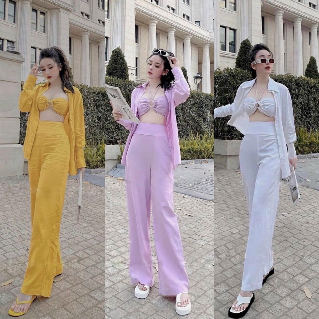 Sét bộ 3 món croptop phối áo khoác kèm quần dài sang chảnh, thời trang nữ dạo phố, đi biển