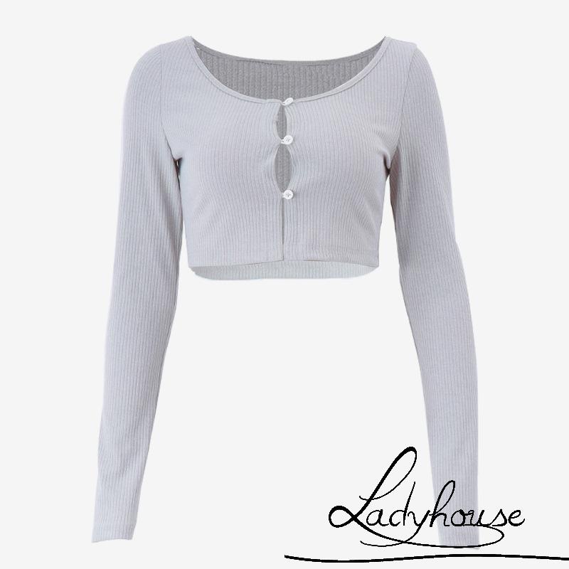Áo Thun Crop Top Tay Dài Cổ Chữ U Có Nút Thời Trang Xuân Thu Cho Nữ