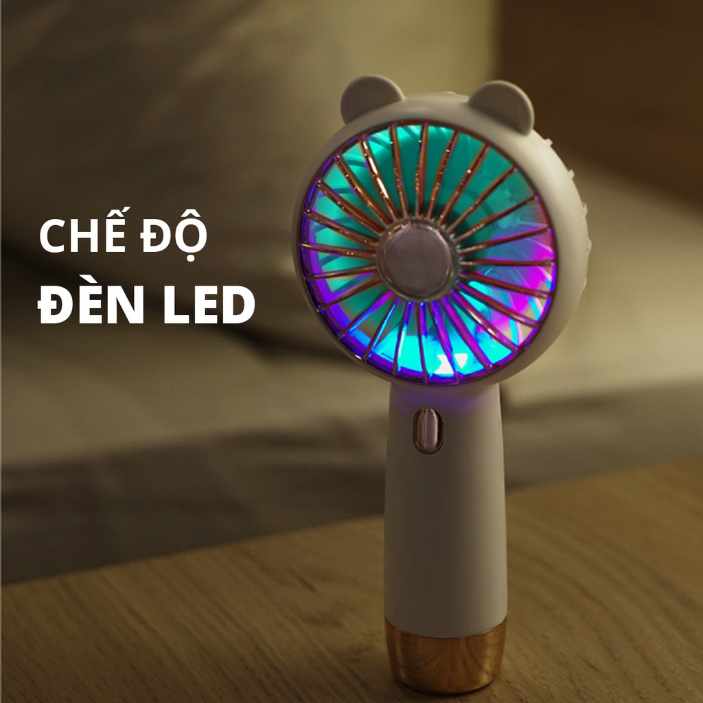 Quạt Mini Tích Điện 1200mah Cầm Tay/Để Bàn Tai Gấu Dễ Thương 3 Tốc Độ Gió Kèm Đèn LED Sạc USB Đa Tiện Ích DFS003