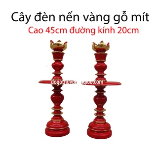 Cây nến gỗ mít-đèn nến sơn son kẻ chỉ vàng-đồ thờ gỗ mít cao 45cm đường kính 20cm