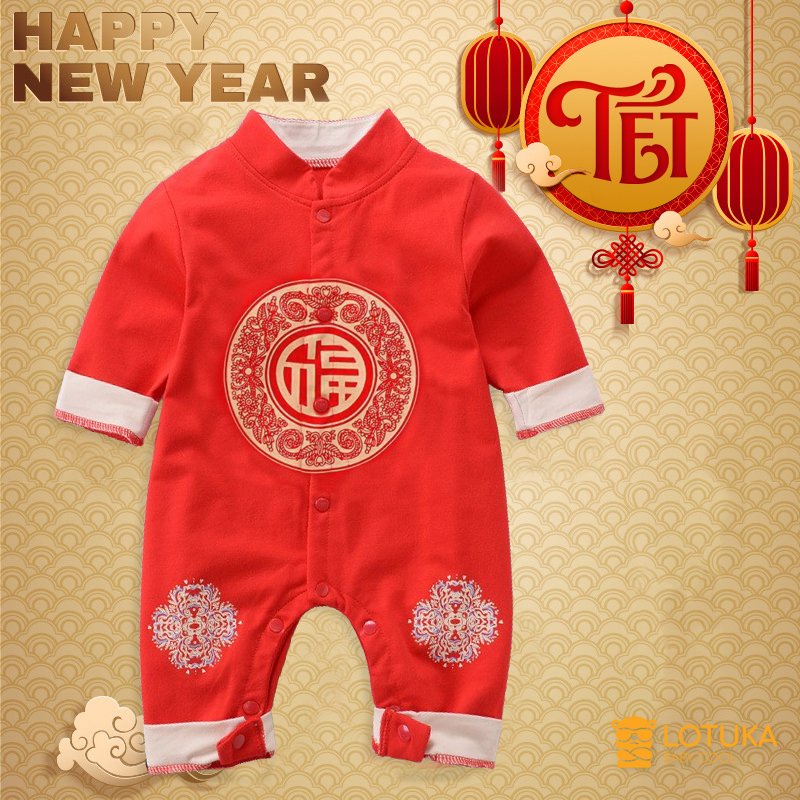 Body dài tay cho bé hình tài lộc chất cotton mền mịn mẫu Quần áo sơ sinh bé trai bé gái từ 0-12 tháng