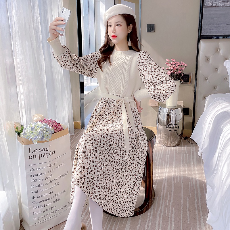 Đầm nữ hoa nhí thu đông, váy nữ mùa đông dáng xoè phối len chất đẹp 2021