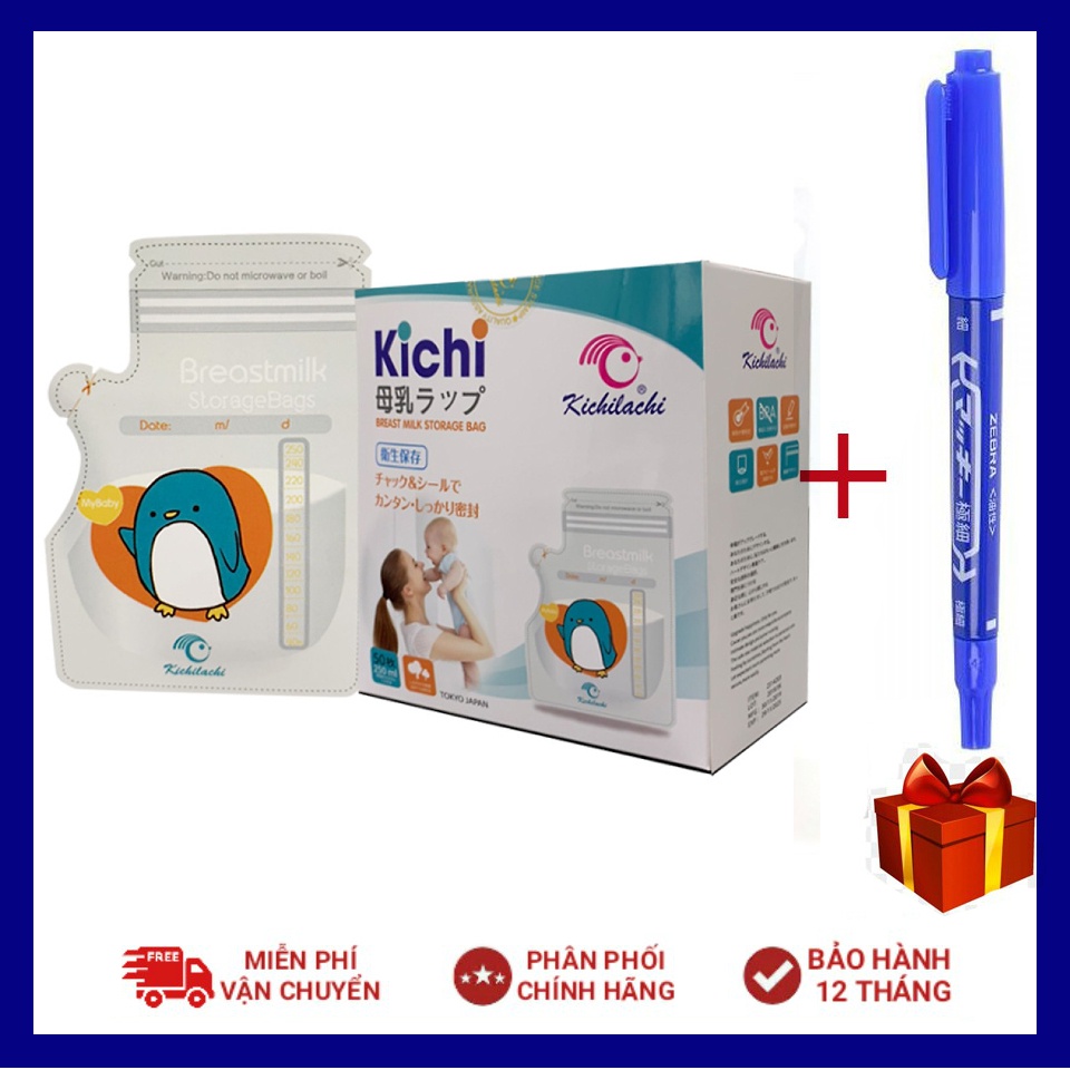 (Tặng kèm 01 bút dấu) Hộp 50 túi trữ sữa Kichi có vòi họa tiết chim cánh cụt ngộ nghĩnh dung tích 250ml