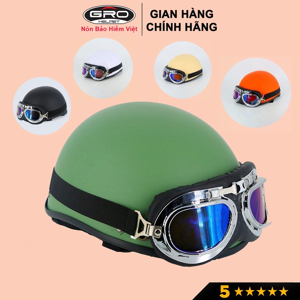 Mũ bảo hiểm nửa đầu thời trang, cao cấp GRO phù hợp với cả nam và nữ, kèm kính UV, phi công freesize 55-61cm