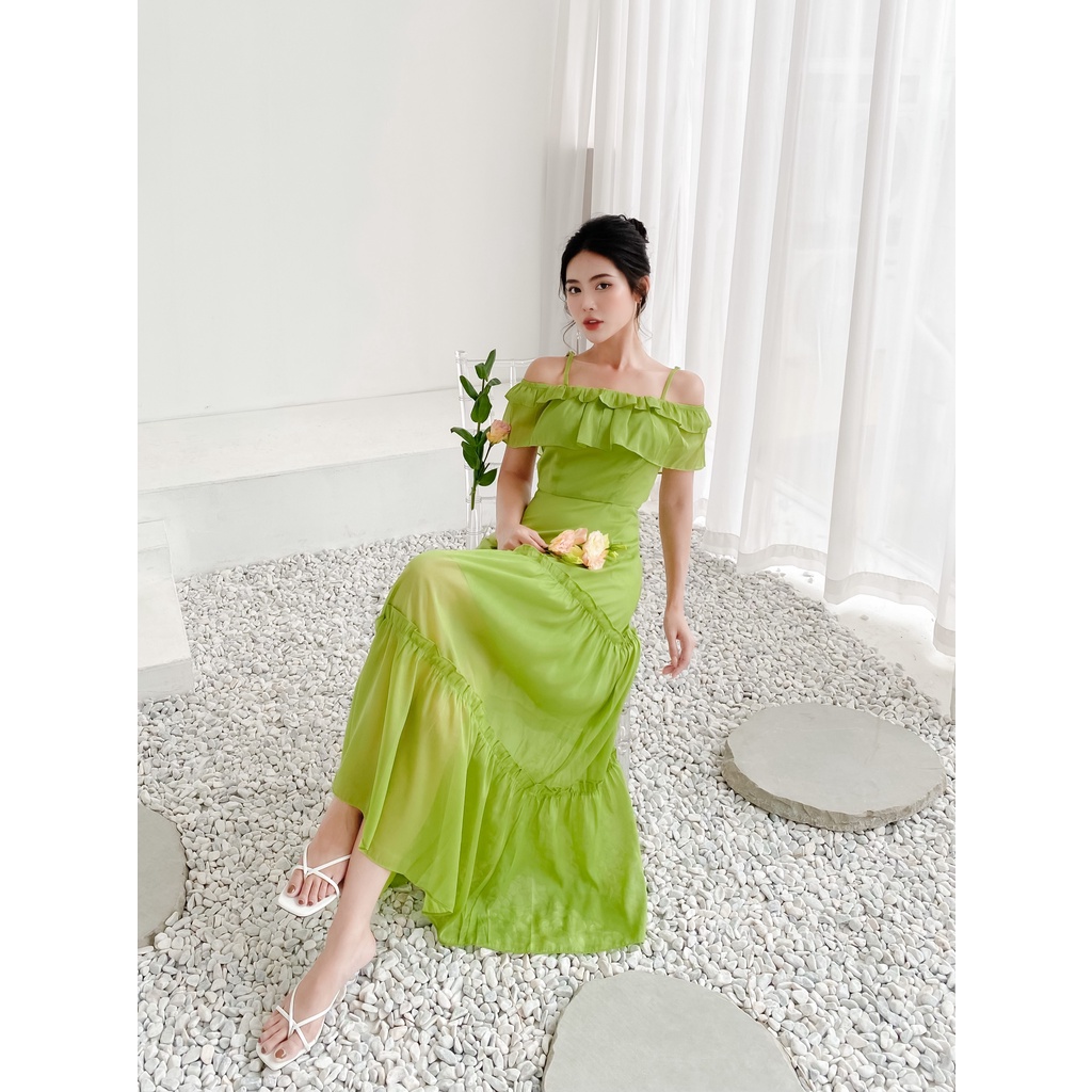 Váy trễ vai dáng dài màu xanh chất tơ óng cao cấp YAME