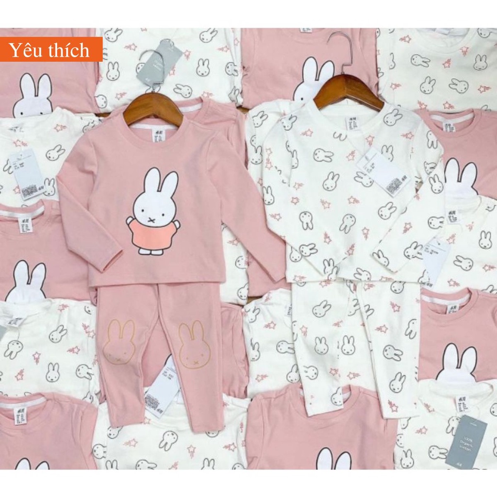Đồ bộ bé gái, set 2 bộ dài tay cotton thỏ HM cho bé đi học đi chơi