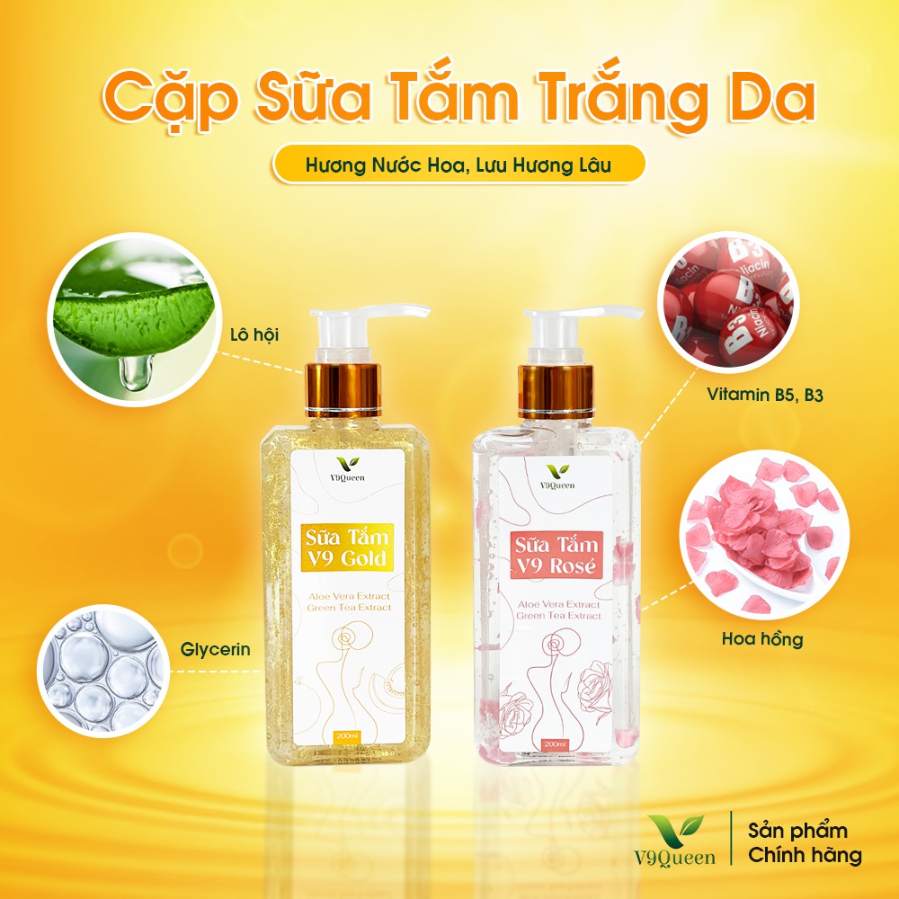 [BỘ ĐÔI] Sữa Tắm Trắng Da, Hương Nước Hoa Quyến Rũ (V9 Gold + V9 Rosé) 200ml/Chai | BigBuy360 - bigbuy360.vn