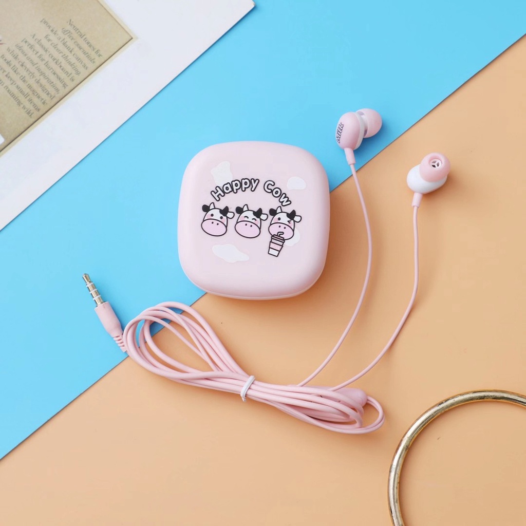 Bộ Tai Nghe Và Hộp Đựng Hình Chú Bò Cute - Có Micro Đàm Thoại - Mẫu K - MIN STORE