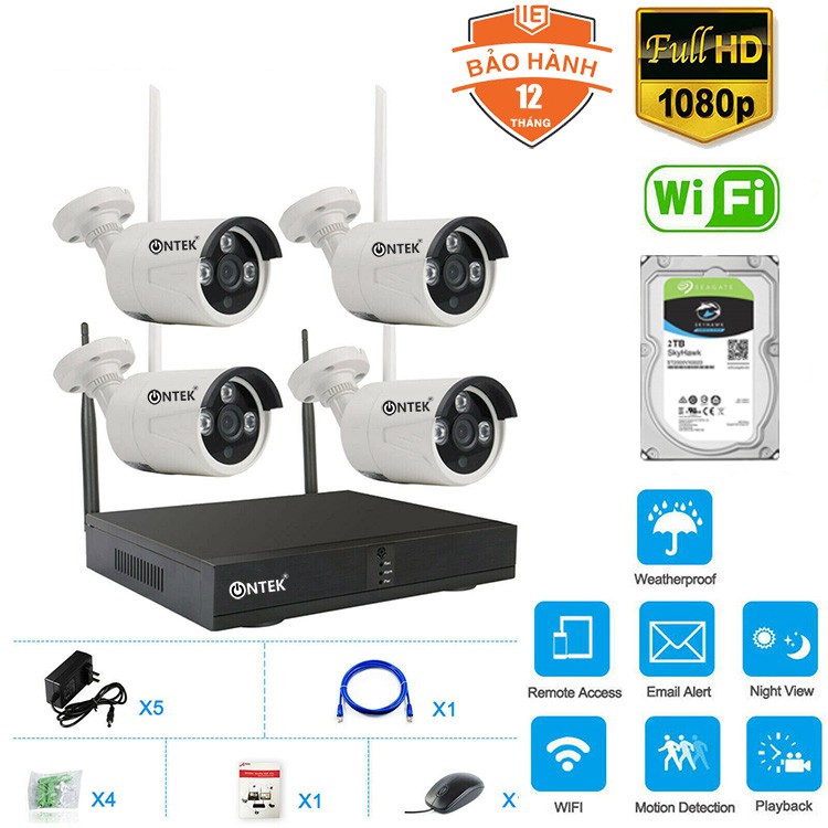 Bộ Camera giám sát Không dây KIT NVR OnTek SX400 FHD 1080P - 2.0MP, Kèm HDD (2TB/1TB/500GB/0GB) - Đủ phụ kiện lắp đặt