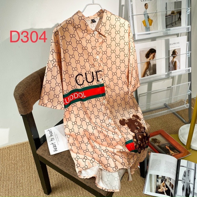 váy ngủ mặc nhà sơmi lụa Quảng Châu cao cấp chó cam