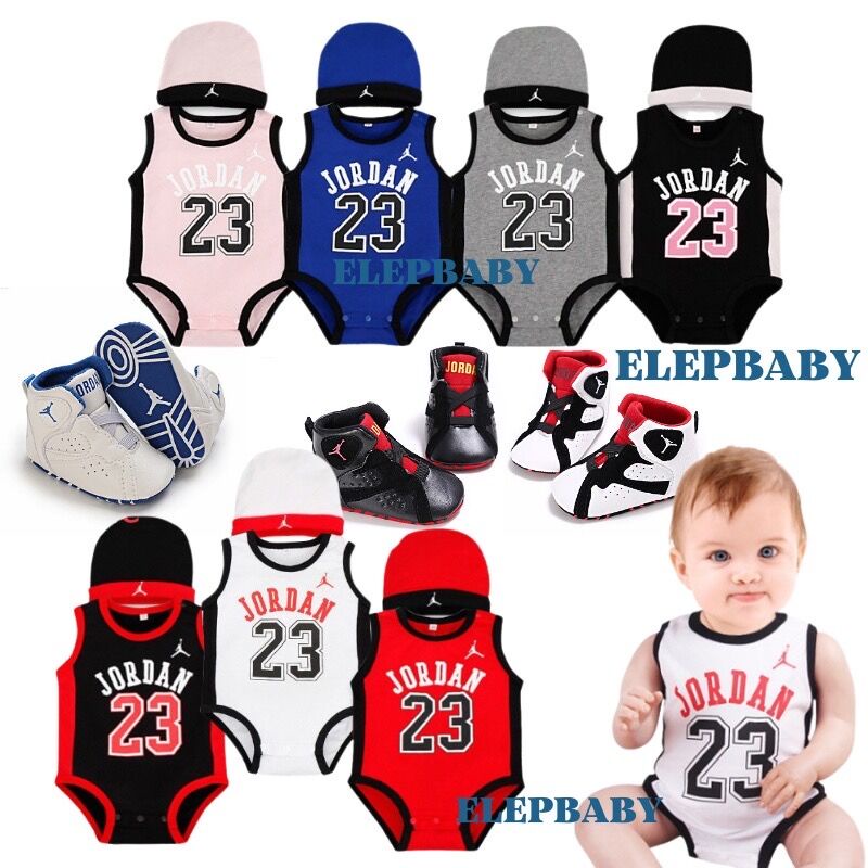 Bộ Áo Liền Quần + Nón Vải Cotton In Chữ Jordan 23 Dễ Thương Cho Bé Trai