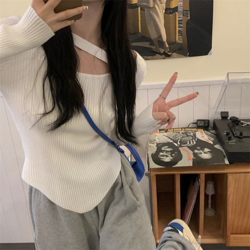 COZOK Áo sweater Dệt Kim Tay Dài Trễ Vai Thiết Kế Lệch Tà Cá Tính Dễ Phối Đồ