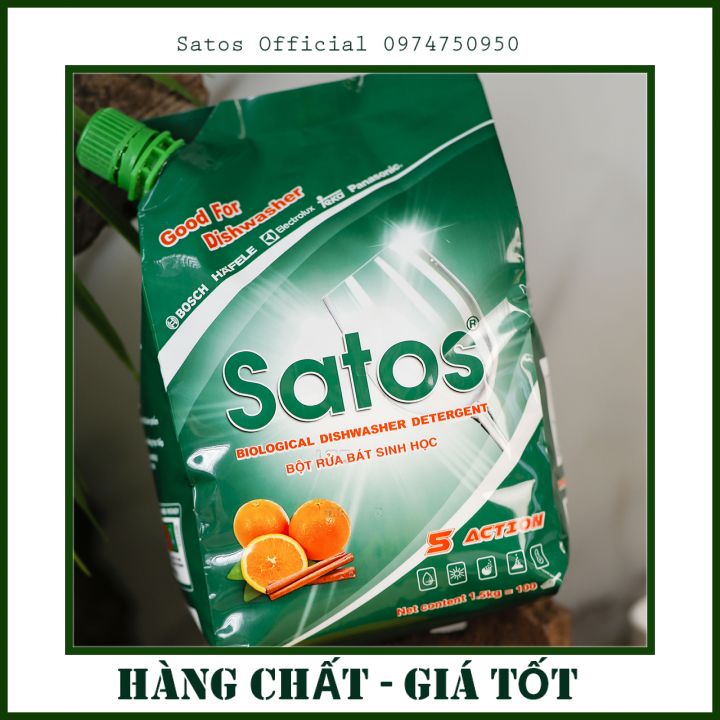 Combo bột rửa bát sinh học Satos 1,5kg + 1 muối Satos 1.5kg kèm que thử nước cứng + 1 bóng Alio 1lit