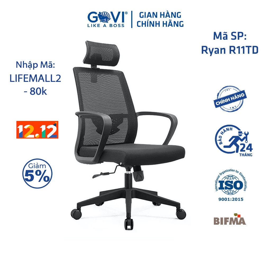 Ghế xoay văn phòng có tựa đầu GOVI Ryan R11TD - Tựa đầu điều chỉnh, tựa tay cố định