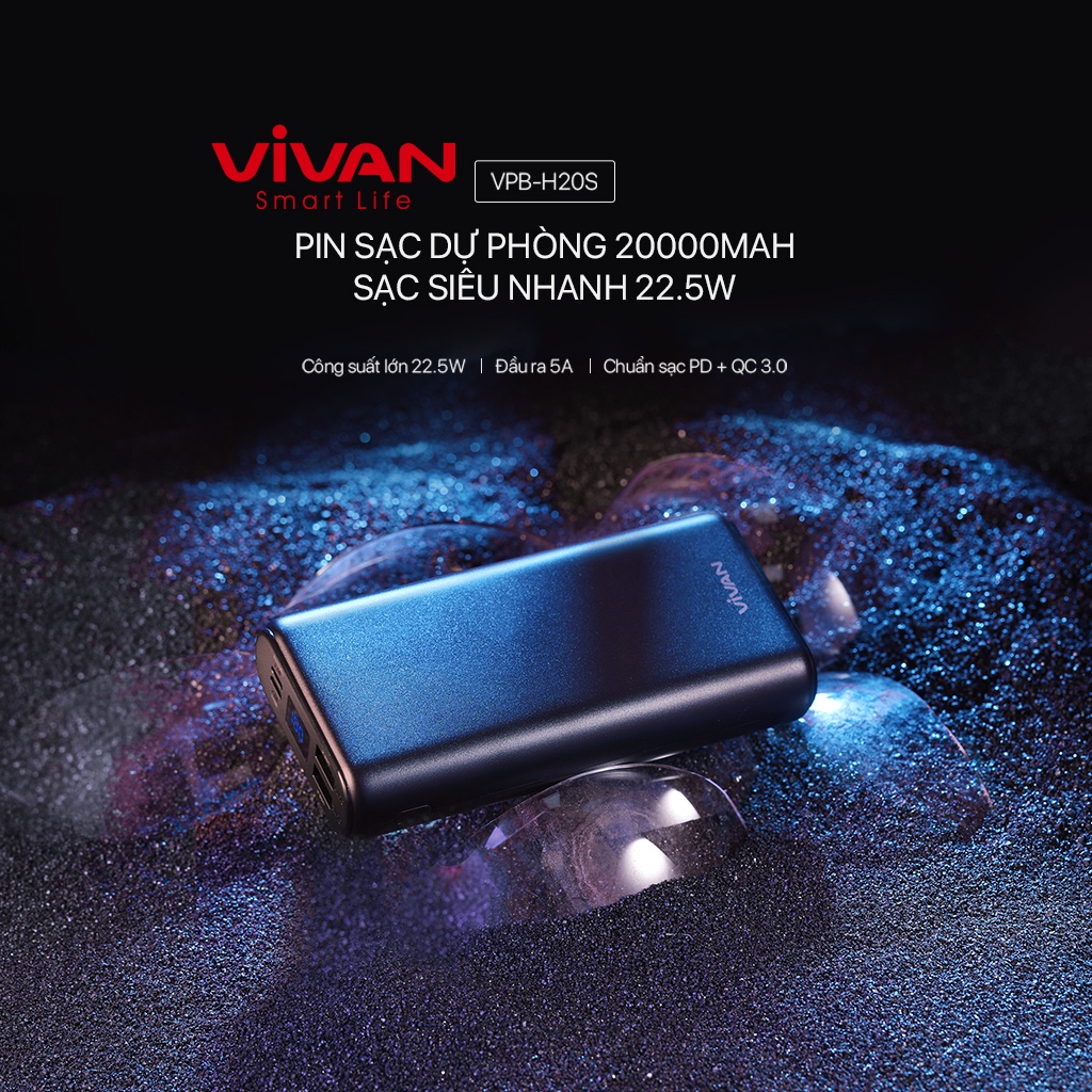 Pin Sạc Dự Phòng VIVAN 20.000mAh Quick Charge 3.0 22.5W 3 Output &amp; 3 Input VPB-H20S Hàng Chính Hãng Bảo Hành 12 Tháng