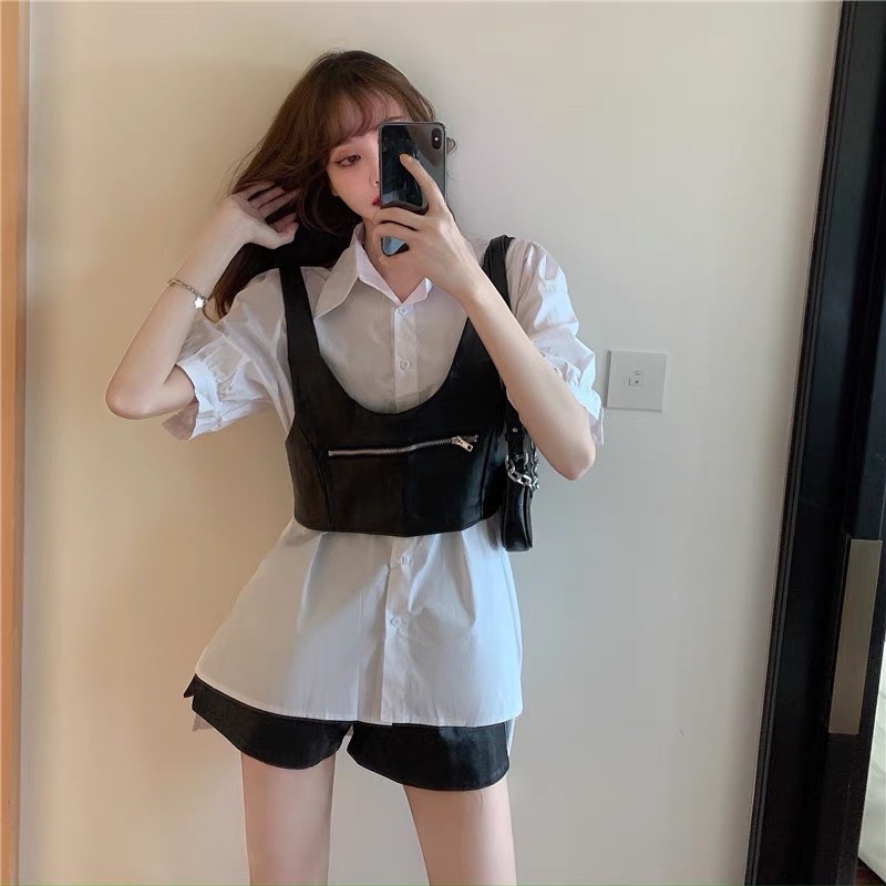 SET ÁO SƠ MI + GILE DA DÂY KÉO CROPTOP (TH)