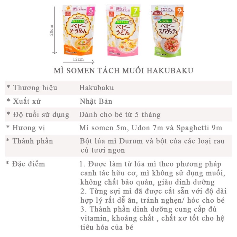 Mì Somen Tách Muối Hakubaku Nhật Bản, Mỳ Ăn Dặm Cho Bé 5m, 7m, 9m
