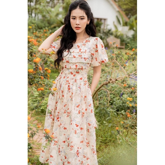 Váy hoa 2 lớp dập ly ngực