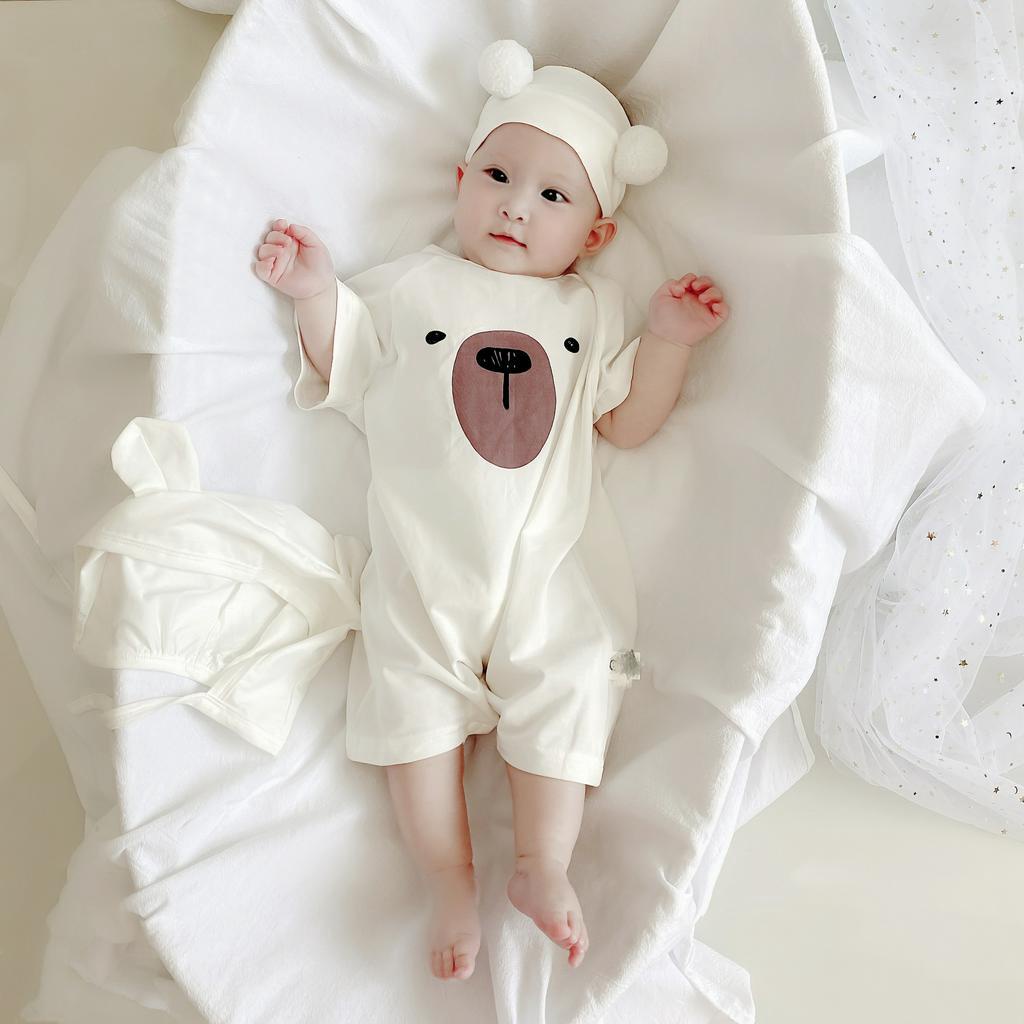 Set áo liền quần &amp; mũ trùm đầu in hình gấu dành cho trẻ sơ sinh